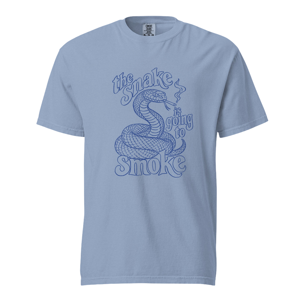 The Snake Is Going to Smoke — Unisex t-shirt in Washed Denim
